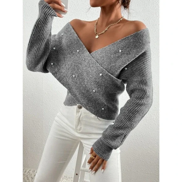 Pearl Beaded Drop Shoulder Cross Wrap Sweater gray - Picture 3 of 4